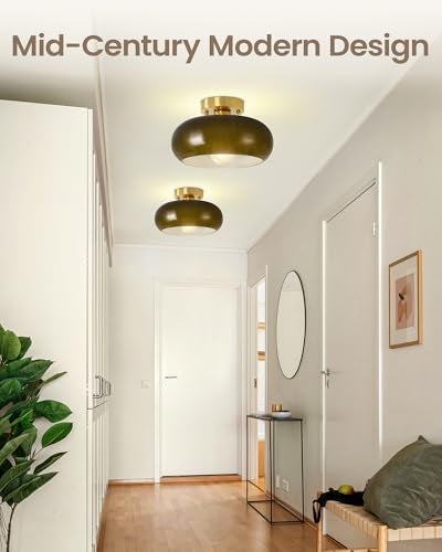 Yunnix Semi Flush Mount Ceiling Light, Gold Light Fixture, Mid-Century Modern Farmhouse Green Glass Small Light Fixtures for Hallway, Bathroom, Kitchen, Bedroom, Living Room, Closet, Laundry(11 Inch) - Image 2