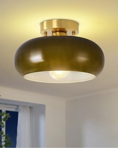 Yunnix Semi Flush Mount Ceiling Light, Gold Light Fixture, Mid-Century Modern Farmhouse Green Glass Small Light Fixtures for Hallway, Bathroom, Kitchen, Bedroom, Living Room, Closet, Laundry(11 Inch) - Image 1