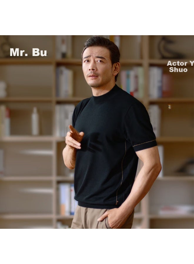 Mr. Bu Mr. Bu Washable Short-sleeve Wool T-shirt For Men, Autumn And Winter Base Layer Knit Sweater, Embroidered Piano Black, Xl/180  - Image 1