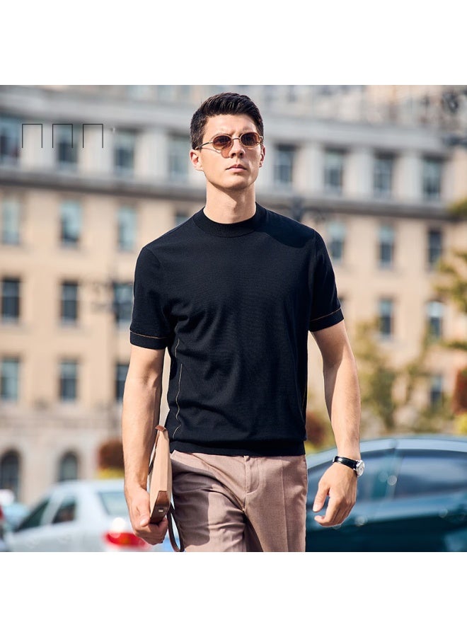 Mr. Bu Mr. Bu Washable Short-sleeve Wool T-shirt For Men, Autumn And Winter Base Layer Knit Sweater, Embroidered Piano Black, Xl/180  - Image 3