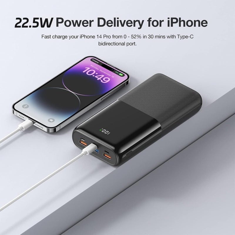 VEGER Power Bank 30000mAh, 22.5W QC 3.0 PD 20W 6 Port Fast Charging USB C Battery Pack, Smart LED Display Phone Battery Charger for iPhone Series, Samsung, Android etc - Black - Image 4