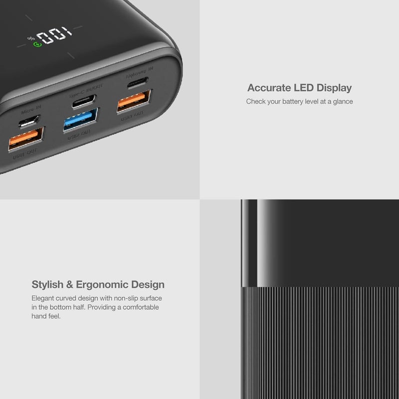 VEGER Power Bank 30000mAh, 22.5W QC 3.0 PD 20W 6 Port Fast Charging USB C Battery Pack, Smart LED Display Phone Battery Charger for iPhone Series, Samsung, Android etc - Black - Image 3