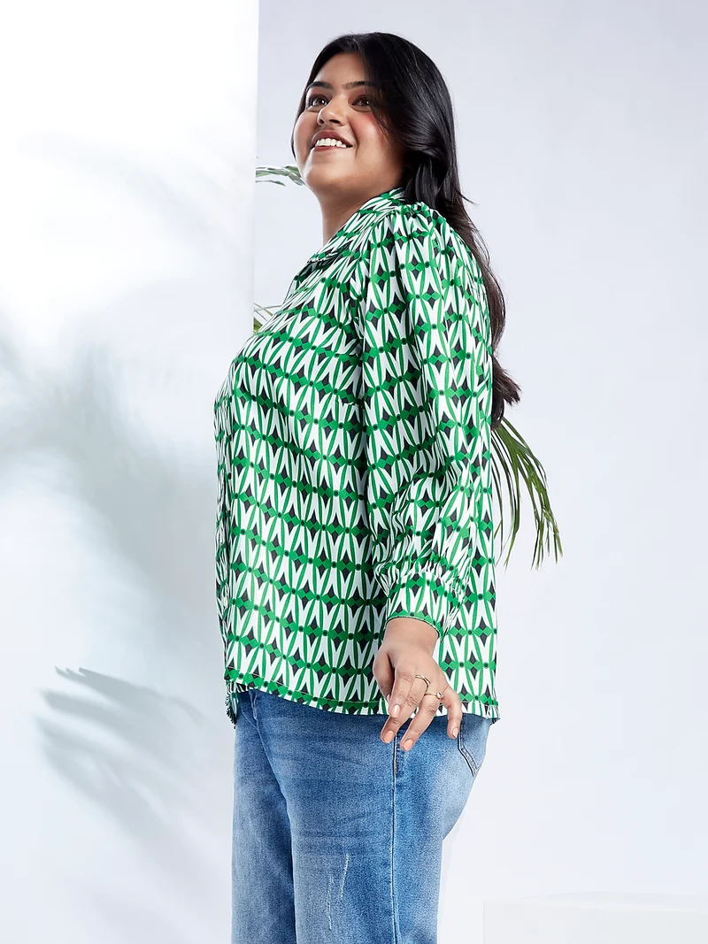 globus Globus Gloplus Women Green Collared Neck Puffed Cuff Sleeves Abstract Print Plus Size Shirt