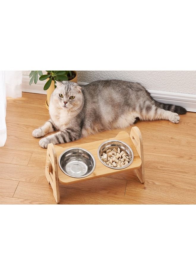 وعاء قطط من الصلب المرتفع على طراز ياباني مع قاعدة خشبية (مزدوج) - Image 1