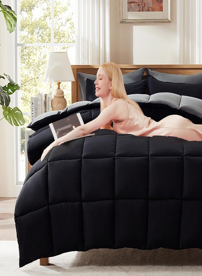 Decroom Lightweight Full Comforter Set with 2 Pillow Sham - 3 Pieces Set - Quilted Down Alternative Comforter/Duvet Insert for All Season - Black/Grey - Full Size - Image 2