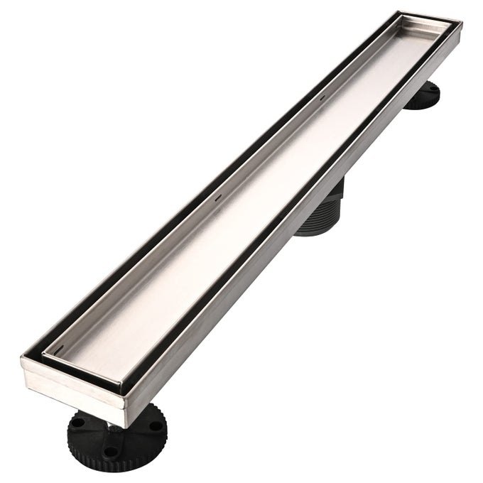LINEAR SHOWER FLOOR DRAIN 24 INCH BRUSHED NICKEL 304 STAINLESS STEEL BATHROOM DRAINS KIT RECTANGULAR SHOWER TRENCH DRAIN WITH REVERSABLE TILEIN PATTERN DRAIN COVER HAIR CATCHER