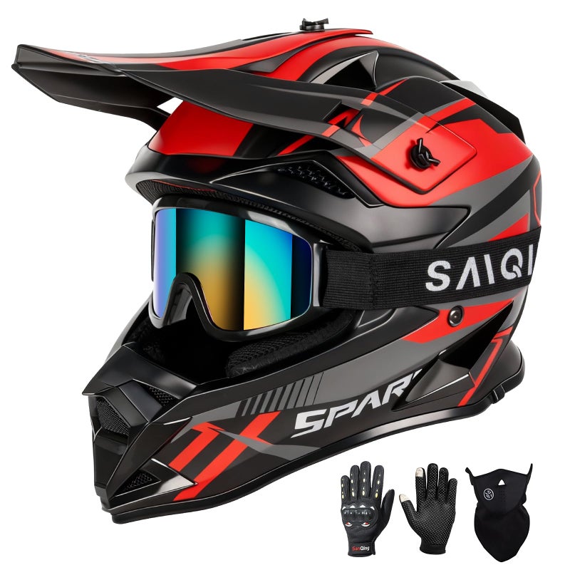 SPARK Adult Motocross Helmet Dirt Bike Helmets Full Face Motorcycle Off-Road Mountain E-Bike BMX MX ATV Helmet (with Gloves Goggles Mask) 4Pcs Set, DOT Certified (Red Rocket, Large) - Image 1