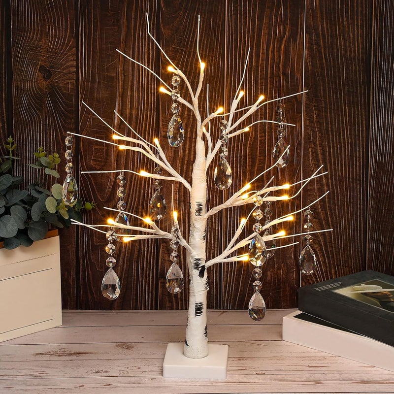 Jexine 13 Pcs Tabletop Christmas Decoration Indoor Include 177 inch Birch Tree with 18 LED lights and 12 Hanging Crystal Ornaments for Home Centerpiece Fireplace Party Decor - Image 1