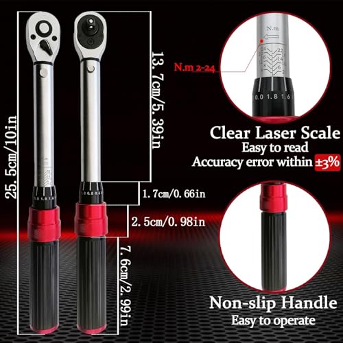 RELIABLESLING 21-Piece 1/4 Inch Drive Click Torque Wrench Set, 2-24 N.m Metric, 72-Tooth Dual-Direction, ±3% High Precision with CR-V Steel & Storage Box for Bike, Motorcycle, Car Repair - Image 3