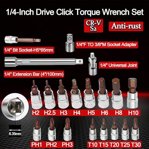 RELIABLESLING 21-Piece 1/4 Inch Drive Click Torque Wrench Set, 2-24 N.m Metric, 72-Tooth Dual-Direction, ±3% High Precision with CR-V Steel & Storage Box for Bike, Motorcycle, Car Repair - Image 2