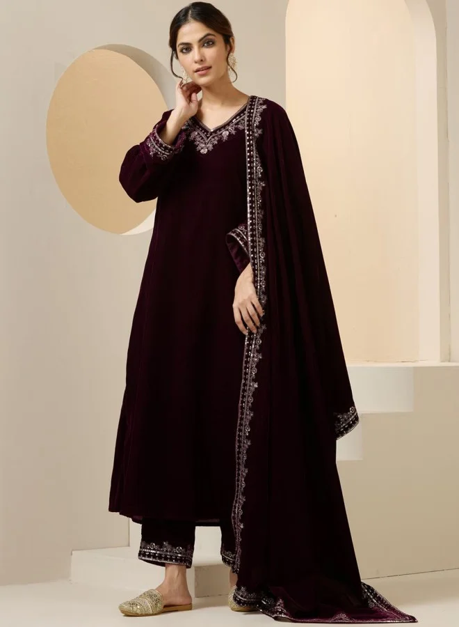 آي شين Women's Purple 100% Cotton Printed Straight Fit Kurta Set