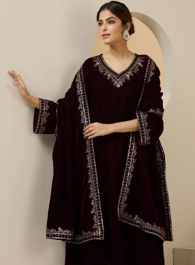 آي شين Women's Purple 100% Cotton Printed Straight Fit Kurta Set