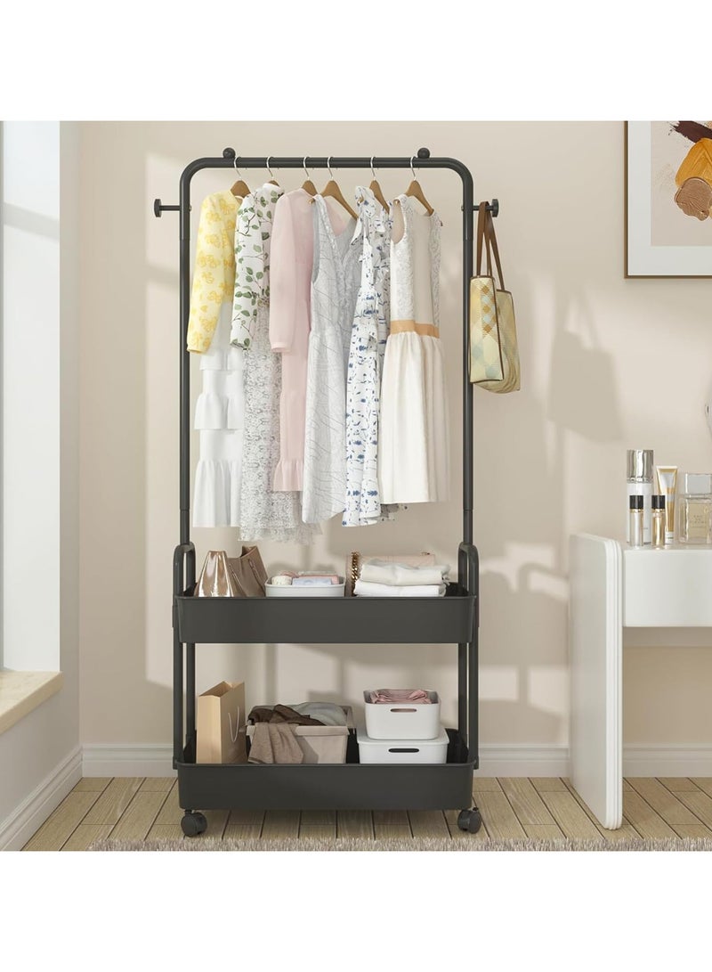 انسجام رف ملابس 2 في 1 مع سلة معدنية مكونة من طبقتين، منظم ملابس، حامل تخزين على عجلات للمنزل وغرفة النوم وغرفة الغسيل ومكان صغير للمدخل - Image 1