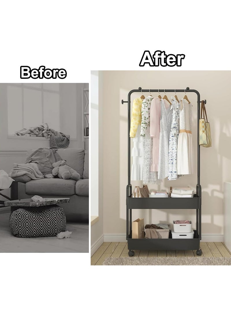 انسجام رف ملابس 2 في 1 مع سلة معدنية مكونة من طبقتين، منظم ملابس، حامل تخزين على عجلات للمنزل وغرفة النوم وغرفة الغسيل ومكان صغير للمدخل - Image 5