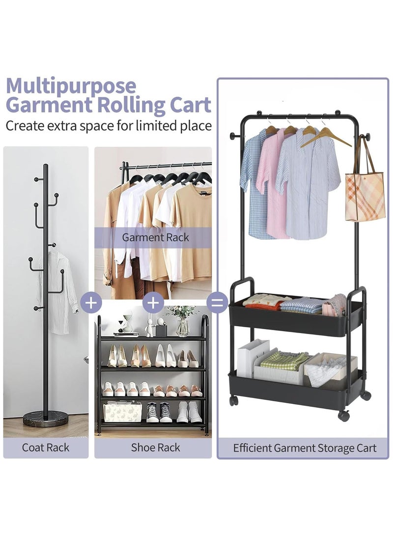 انسجام رف ملابس 2 في 1 مع سلة معدنية مكونة من طبقتين، منظم ملابس، حامل تخزين على عجلات للمنزل وغرفة النوم وغرفة الغسيل ومكان صغير للمدخل - Image 4