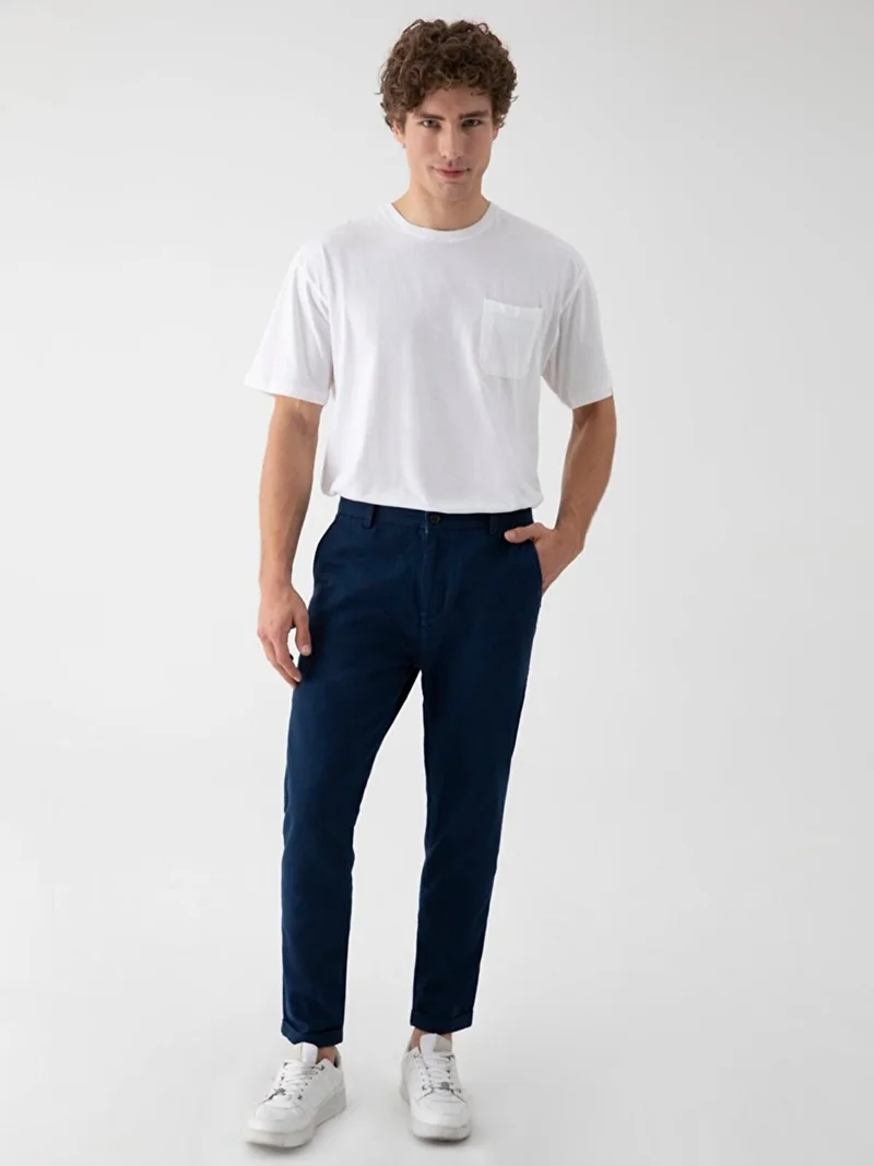 Men's Linen Look Straight Leg Navy Blue Trousers