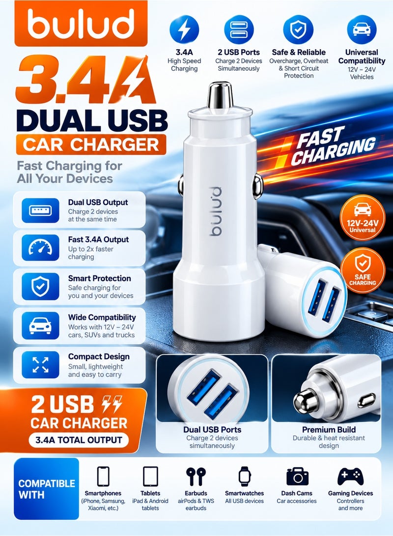 Bulud 3.4A Dual USB Car Charger with 2 USB-A Fast Charging Ports, 12V-24V Cigarette Lighter Power Adapter, Compact Portable Car Phone Charger with Simultaneous Charging Support for iPhone, Samsung Galaxy, Xiaomi, Android Smartphones and Tablets, White