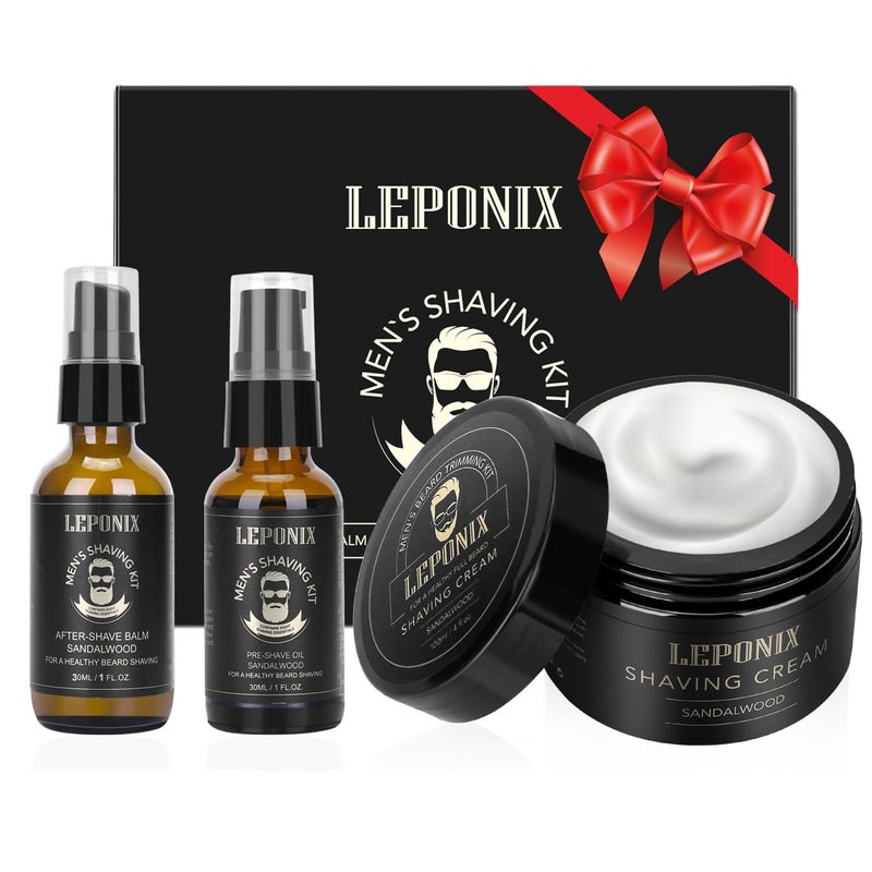 LEPONIX Mens Shaving Kit - Sandalwood Shaving Cream, After Shave Lotion & Pre Shave Oil - Fights Razor Burn, Nicks & Cuts - Luxury Grooming Essentials for Men - Secret Santa Gift Set Stocking Stuffers - Image 1