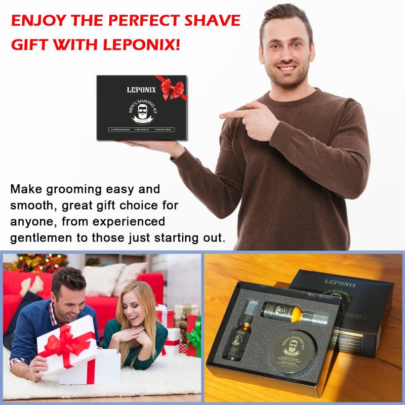 LEPONIX Mens Shaving Kit - Sandalwood Shaving Cream, After Shave Lotion & Pre Shave Oil - Fights Razor Burn, Nicks & Cuts - Luxury Grooming Essentials for Men - Secret Santa Gift Set Stocking Stuffers - Image 4