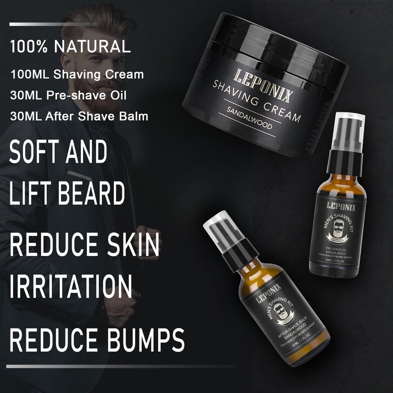 LEPONIX Mens Shaving Kit - Sandalwood Shaving Cream, After Shave Lotion & Pre Shave Oil - Fights Razor Burn, Nicks & Cuts - Luxury Grooming Essentials for Men - Secret Santa Gift Set Stocking Stuffers - Image 2