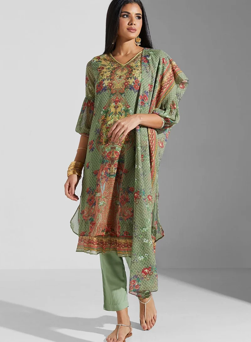 Aarke by Ritu Kumar Printed Kurti & Pants Set With Dupatta
