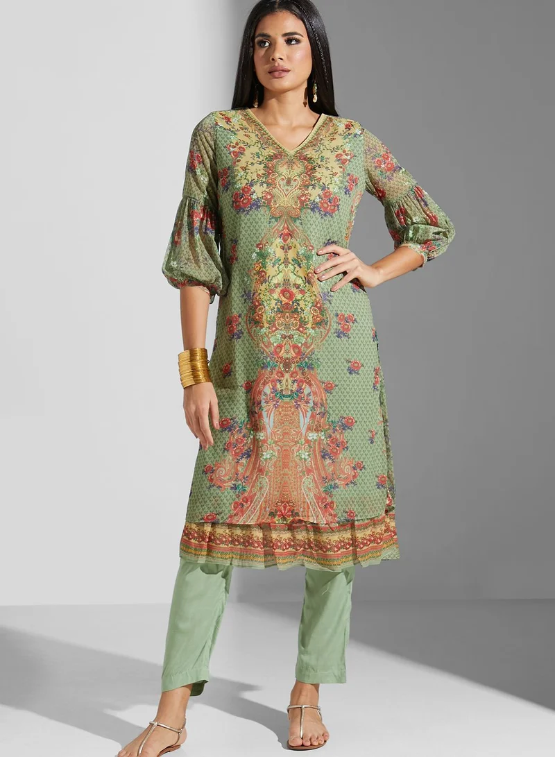 Aarke by Ritu Kumar Printed Kurti & Pants Set With Dupatta