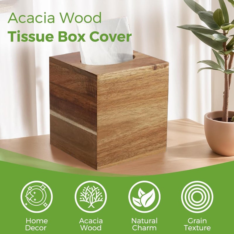 Masroo Tissue Box Cover Square, Wood Tissue Box Holder for Tabletop Night Stands Bathroom Office - Decorative Facial Cube Tissue Box Cover for Modern Farmhouse Decor - Image 2