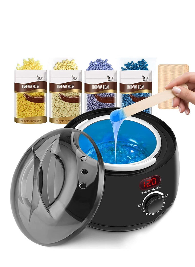 Waxing Kit for Women Men, Digital Wax Kit with Silicone Bowl & 4 Bags Hard Wax Beads, Portable Wax Warmer for Sensitive Skin Full Body Hair Removal, Brazilian Bikini, Eyebrow, Face (Black) - Image 1