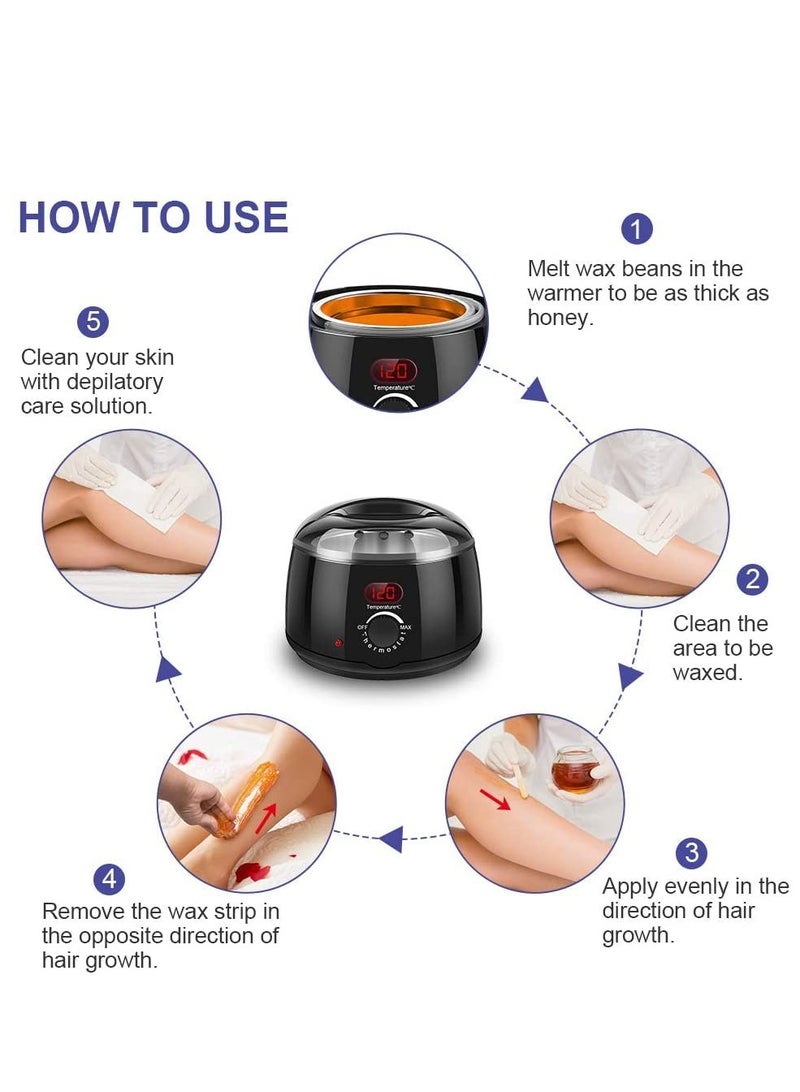 Waxing Kit for Women Men, Digital Wax Kit with Silicone Bowl & 4 Bags Hard Wax Beads, Portable Wax Warmer for Sensitive Skin Full Body Hair Removal, Brazilian Bikini, Eyebrow, Face (Black) - Image 2