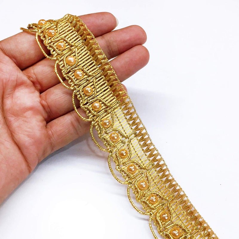 Lami - 9 Meter Shimmer Golden Dori Lace, Stone Handwork Latkan Lace, Decorative Packaging Ribbon, Lace Trimmings, Bridal Lehenga, Saree Dupatta Suit Anarkali Border, Indian Trims, Fashion Saree - Image 1