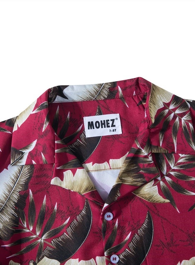 MOHEZ Little & Big Boys Hawaiian Shirts Short Sleeve Leaves Summer Beach Tropical Casual Aloha Luau Shirts Top for Kids Wine 11-12 Years Old - Image 4