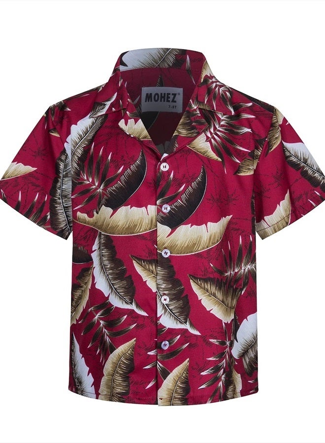 MOHEZ Little & Big Boys Hawaiian Shirts Short Sleeve Leaves Summer Beach Tropical Casual Aloha Luau Shirts Top for Kids Wine 11-12 Years Old - Image 2