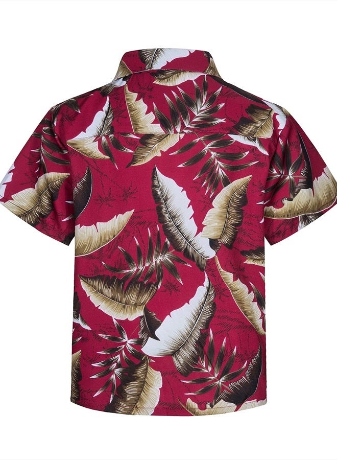 MOHEZ Little & Big Boys Hawaiian Shirts Short Sleeve Leaves Summer Beach Tropical Casual Aloha Luau Shirts Top for Kids Wine 11-12 Years Old - Image 3