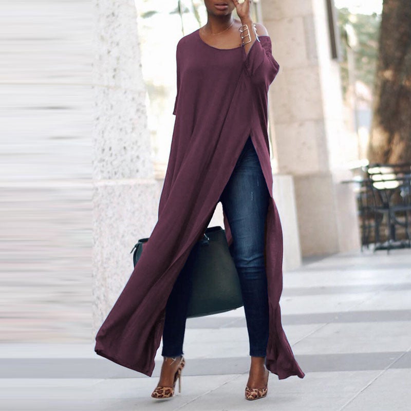 Muslim Robe Womens Split Side Maxi Top Casual Tee Dress Black - Image 5