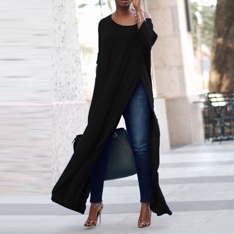 Muslim Robe Womens Split Side Maxi Top Casual Tee Dress Black - Image 1