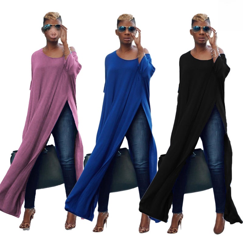 Muslim Robe Womens Split Side Maxi Top Casual Tee Dress Black - Image 4