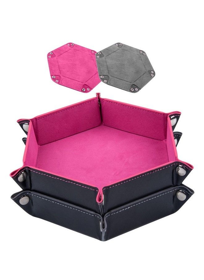 SIQUK 2 Pieces Dice Tray Pu Leather Dice Folding Hexagon Tray Dice Holder For Dice Games Like Rpg Dnd And Other Table Games (Pink Gray)  - Image 2