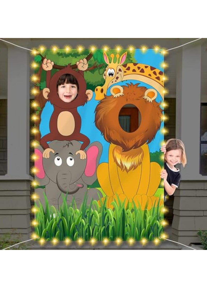 KASTWAVE Jungle Safari Party Decorations, Wild One Animals Photo Door Banner, Party Banner Background Photography,  5 x 3 ft Large Fabric Zoo Animals Face Photo Props Backdrop, for Birthday Tropical Themed - Image 1