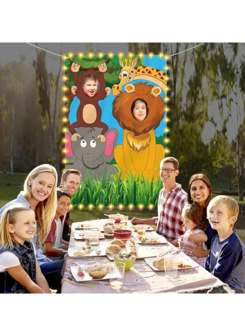 KASTWAVE Jungle Safari Party Decorations, Wild One Animals Photo Door Banner, Party Banner Background Photography,  5 x 3 ft Large Fabric Zoo Animals Face Photo Props Backdrop, for Birthday Tropical Themed - Image 5