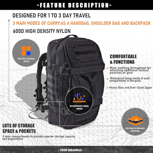 Miramrax Gym Bag Duffle Bags Backpack - Travel Weekender Bag for Men Women Workout Bag for Military,Sports,Overnight,Basketball,Tactical,Football,Waterproof & Tear Resistant (Black, 45l) - Image 4