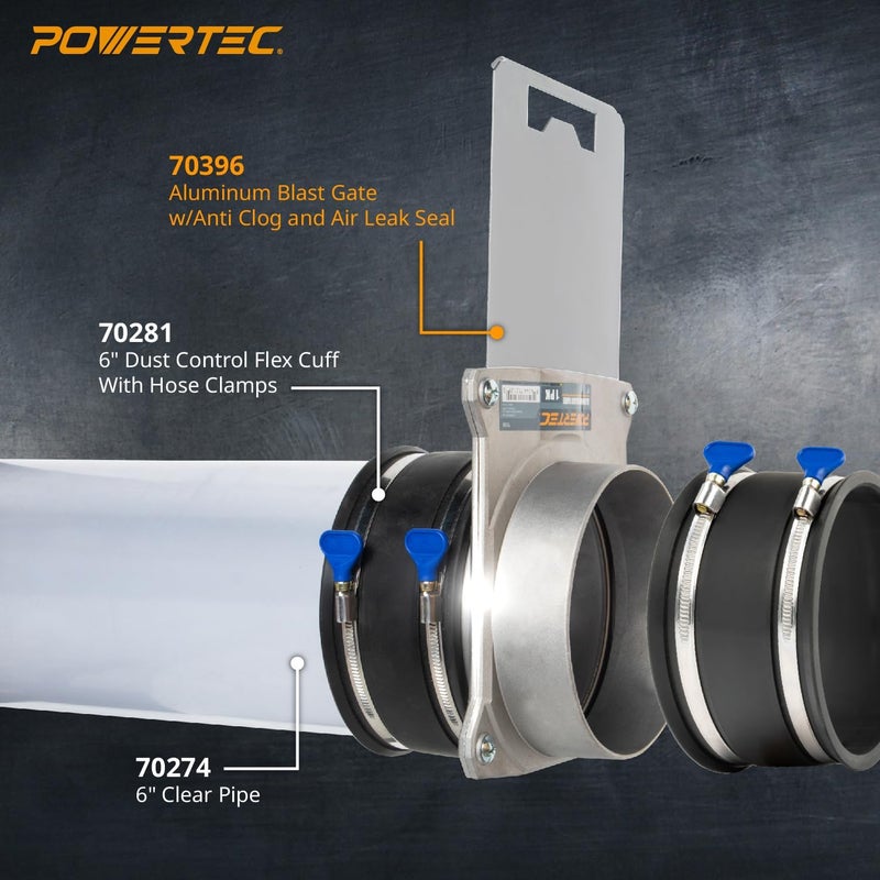 POWERTEC 6 inch Aluminum Blast Gate w/Anti Clog and Air Leak Seal for Dust Collector, Dust Collection Fittings, Dust Collection Hose, Shop Vac, Hose Clamps, 1PK (70396) - Image 2