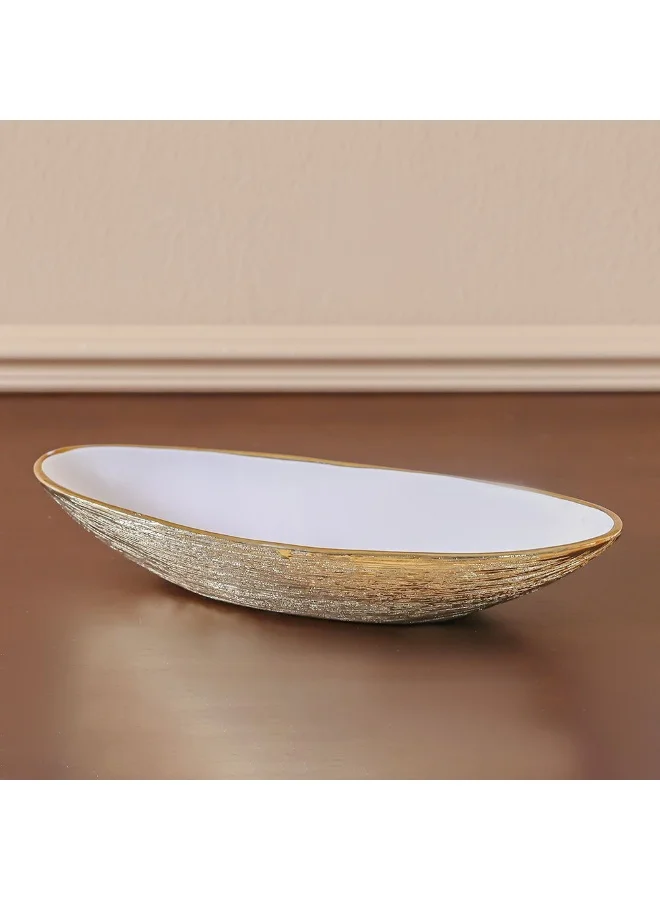 DANUBE HOME Danube Home Inaaya Oval Ceramic Plate 30X13X8 Cm Luxury Stoneware Serving Platter In Titanium Gold With White Finish Decorative Bowls & Trays Decorative Home Accessories