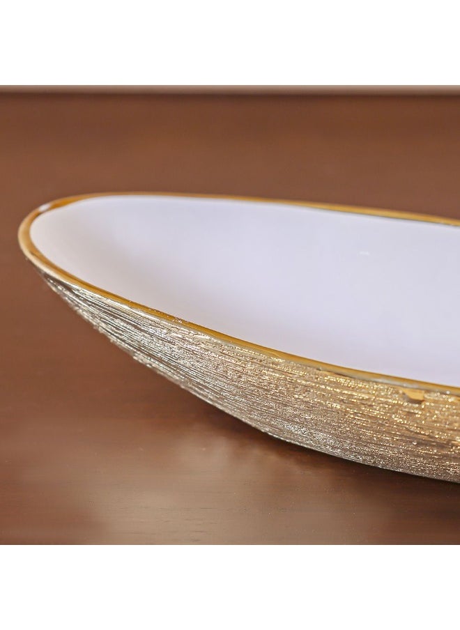 DANUBE HOME Danube Home Inaaya Oval Ceramic Plate 30X13X8 Cm Luxury Stoneware Serving Platter In Titanium Gold With White Finish Decorative Bowls & Trays Decorative Home Accessories  - Image 3