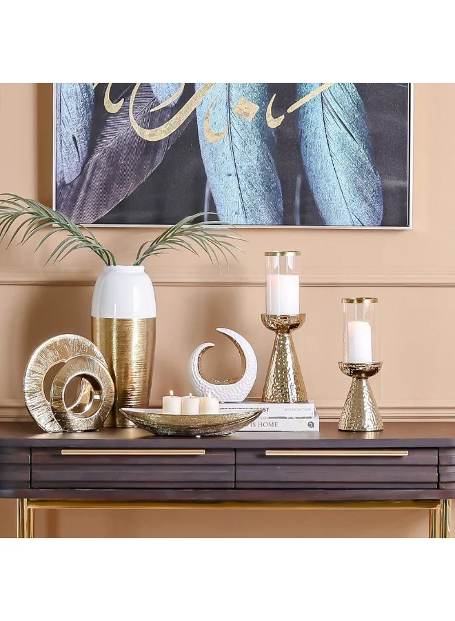 DANUBE HOME Danube Home Inaaya Oval Ceramic Plate 30X13X8 Cm Luxury Stoneware Serving Platter In Titanium Gold With White Finish Decorative Bowls & Trays Decorative Home Accessories