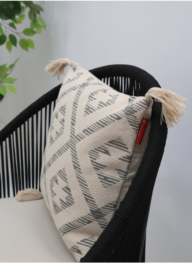 Ramsha - Grey and White Color Printed Home Decor Tassel Cushion with insert for bedroom– CS 326 - Image 1