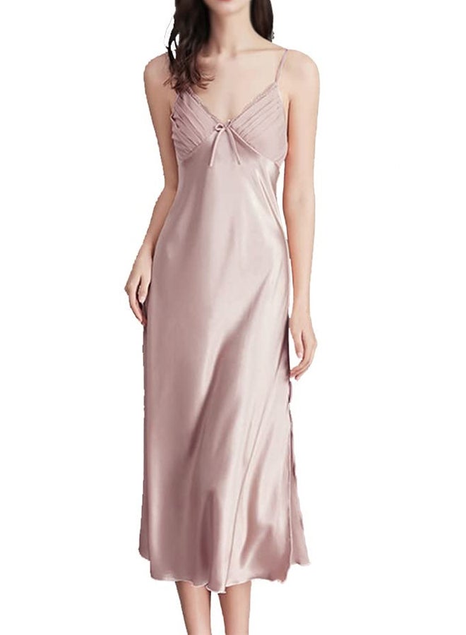 MARGOUN Women Nightdress Long Nightgown Artificial Silk Solid Color Deep-V Backless Sleepwear Nightie Nightwear Biege  - Image 1