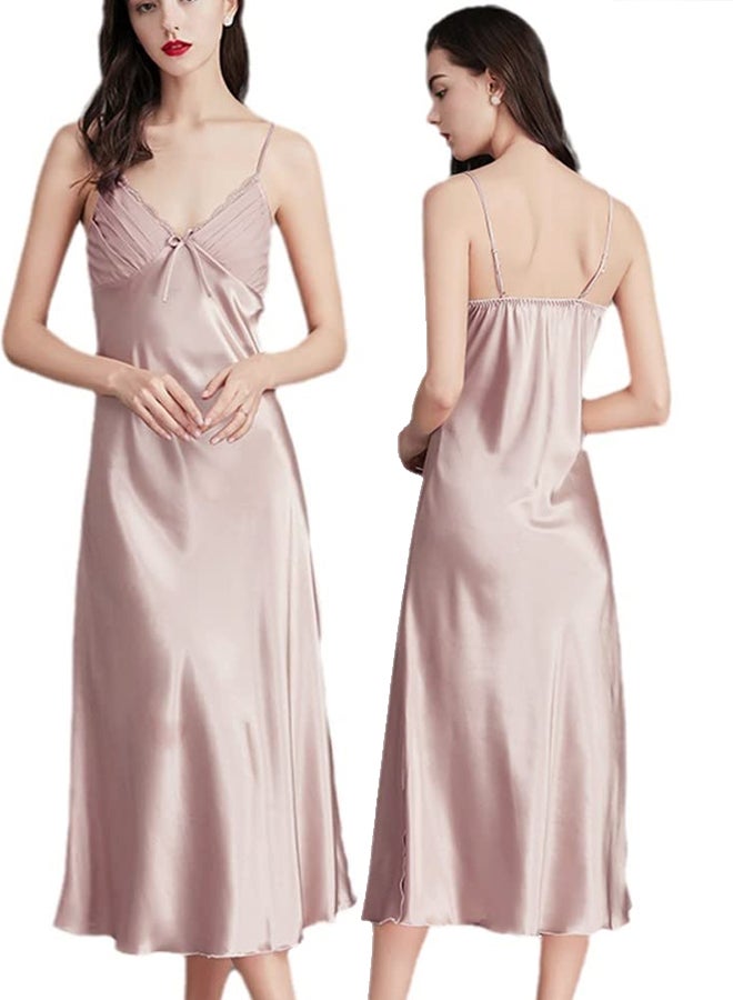 MARGOUN Women Nightdress Long Nightgown Artificial Silk Solid Color Deep-V Backless Sleepwear Nightie Nightwear Biege  - Image 2