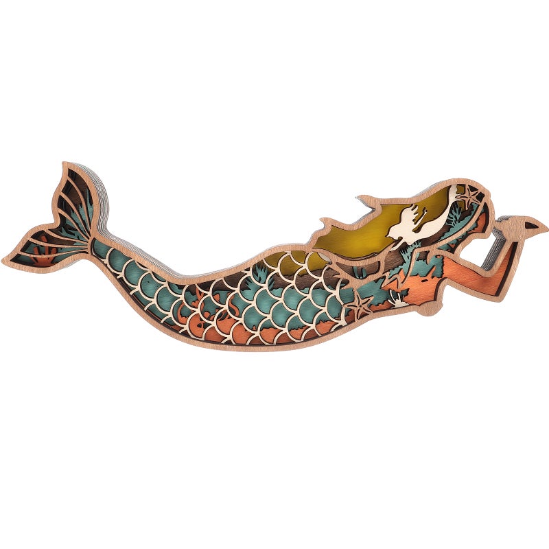 2pcs 3D Wood Carving Mermaid Carving Mermaid Ornament Multi-Layer Wood Carved Decoration - Image 3
