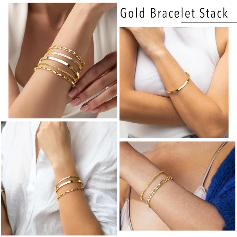 WomenGifts Chunky Gold Bracelets for Women Waterproof, Stack Bracelet Set Layered Chunky Bangle, Box Link, Paperclip, Herringbone, Sparkling Chain, Adjustable Waterproof Non Tarnish Jewelry Gifts for Women - Image 3