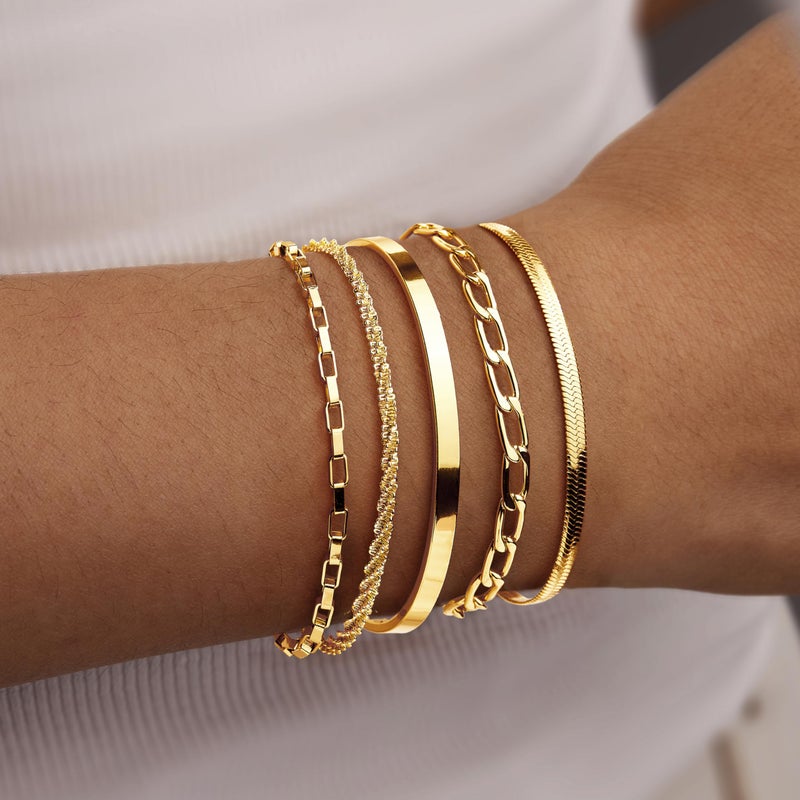WomenGifts Chunky Gold Bracelets for Women Waterproof, Stack Bracelet Set Layered Chunky Bangle, Box Link, Paperclip, Herringbone, Sparkling Chain, Adjustable Waterproof Non Tarnish Jewelry Gifts for Women - Image 2